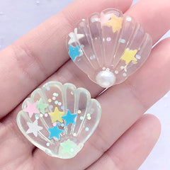 Glittery Seashell Cabochon | Kawaii Resin Cabochons | Mermaid Embellishments | Decoden Phone Case Supplies (2 pcs / Clear / 27mm x 25mm)