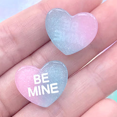 Glittery Conversation Heart Decoden Cabochons | Kawaii Sweet Deco | Fake Candy Embellishments (3 pcs / Pink Blue / 19mm x 16mm)