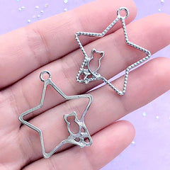 Magical Star and Cat Open Bezel Pendant | Kawaii Kitty Deco Frame for UV Resin Jewellery DIY (2 pcs / Silver / 29mm x 32mm)