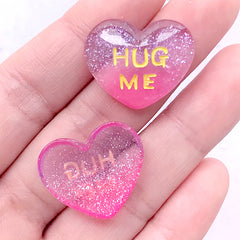 DEFECT Hug Me Heart Cabochons with Glitter | Glittery Resin Cabochon | Kawaii Decoden Supplies (2 pcs / 23mm x 20mm)