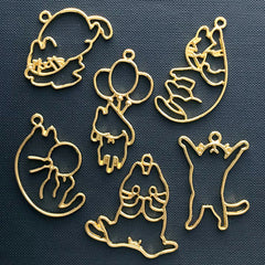 Kawaii Cat Open Bezel Assortment for UV Resin Jewelry DIY | Animal Pet Charm | Cute Kitty Deco Frame for Resin Filling (6 pcs / Gold)