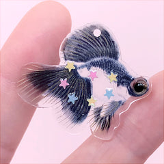 Goldfish Pendant with Confetti | Colorful Fish Charm | Cute Jewelry Supplies (1 Piece / Black / 35mm x 30mm)