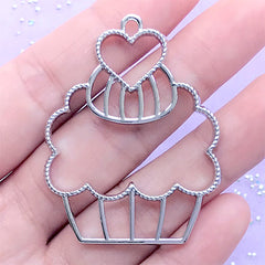 Cupcake Open Bezel for UV Resin Jewelry DIY | Sweet Dessert Charm | Kawaii Deco Frame for Resin Filling (1 piece / Silver / 37mm x 48mm)