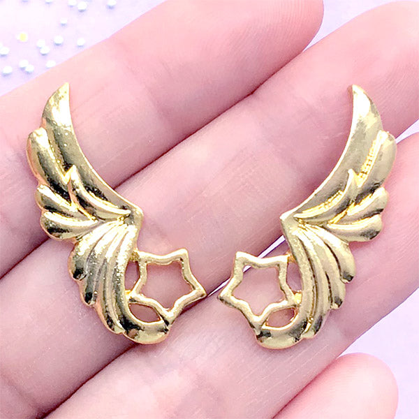 Kawaii Angel Wings Embellishments | Magical Resin Art | Wing with Star Metal Cabochon | Mahou Kei Jewellery DIY (2pcs / Gold / 13mm x 30mm)