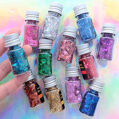 Assorted Holographic Chunky Hexagon Confetti and Fine Glitter Powder in Various Sizes (Set of 12) | Iridescent Embellishments for Resin Art