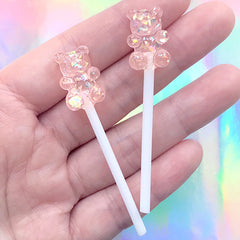 Bear Pop Embellishment | Fake Bear Shaped Lollipop | Faux Food Jewelry Supplies | Kawaii Decode (2 pcs / Peach Pink / 13mm x 60mm)