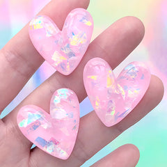 Heart Decoden Cabochon with Iridescent Glitter | Kawaii Phone Case DIY | Resin Embellishment Supplies (3 pcs / Pink / 27mm x 27mm)