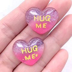 DEFECT Hug Me Heart Cabochons with Glitter | Glittery Resin Cabochon | Kawaii Decoden Supplies (2 pcs / 23mm x 20mm)