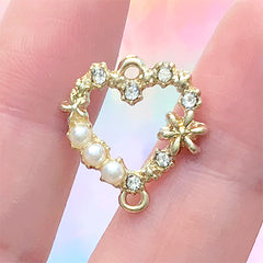 Heart Connector Charm with Pearls and Rhinestones | Bling Bling Deco Frame for UV Resin Filling | Jewellery DIY Supplies (1 piece / Gold / 17mm x 18mm)