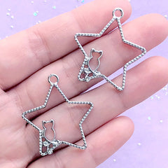 Magical Star and Cat Open Bezel Pendant | Kawaii Kitty Deco Frame for UV Resin Jewellery DIY (2 pcs / Silver / 29mm x 32mm)