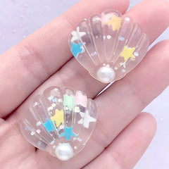 Glittery Seashell Cabochon | Kawaii Resin Cabochons | Mermaid Embellishments | Decoden Phone Case Supplies (2 pcs / Clear / 27mm x 25mm)