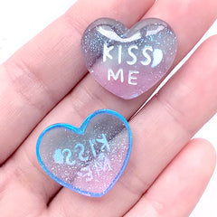 DEFECT Kiss Me Heart Cabochons with Glitter | Kawaii Resin Cabochon | Decoden Supplies (2 pcs / 23mm x 20mm)