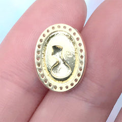 Small Victorian Lady Cameo with Rhinestones | Metal Embellishment for Nail Decoration (1 piece / Gold / 12mm x 15mm)