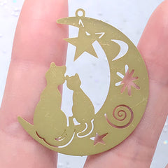 Two Cats in Love Sitting on the Moon Metal Bookmark Charm | Kawaii Resin Inclusion | Mahou Kei Jewelry Making (1 piece / 37mm x 41mm)