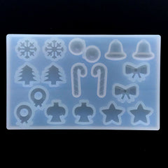 Small Christmas Embellishment Silicone Mold for Resin Art (18 Cavity) | Snowflake Peppermint Candy Cane Jingle Bell Angel Star Tree Wreath Ribbon Mould