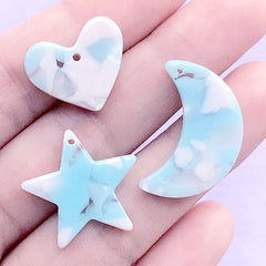 Moon Star Heart Acetic Acid Charm with Marble Pattern | Cute Acetate Pendant | Kawaii Jewellery Supplies (3 pcs / Blue and Pink)