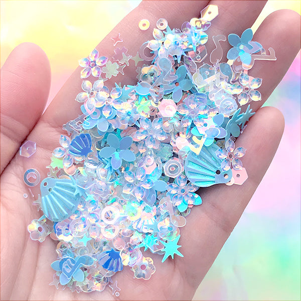 Iridescent Seashell and Flower Sequin Assortment | Glittery Confetti | Kawaii Mermaid Sprinkles for Resin Craft (Blue / 5 grams)