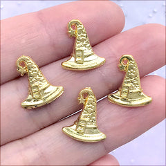 Witch Hat Metal Embellishment | Halloween Resin Craft Supplies | Resin Shaker Bits (4 pcs / Gold / 11mm x 14mm)