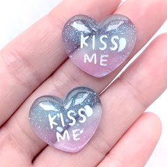 DEFECT Kiss Me Heart Cabochons with Glitter | Kawaii Resin Cabochon | Decoden Supplies (2 pcs / 23mm x 20mm)