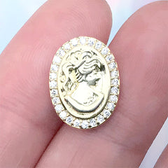 Small Victorian Lady Cameo with Rhinestones | Metal Embellishment for Nail Decoration (1 piece / Gold / 12mm x 15mm)
