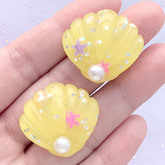 Kawaii Decoden Cabochon with Glitter | Seashell Embellishment | Marine Phone Case Decoration (2 pcs / Yellow / 27mm x 25mm)