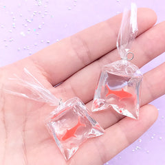 Goldfish in a Bag Charm in 3D | Dollhouse Fish | Miniature Jewelry DIY | Kitsch Charms (2 pcs / Red / 25mm x 50mm)