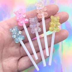 Assorted Bear Pop Embellishments | Bear Lollipop Candy Decoden Pieces | Sweets Deco | Kawaii Jewelry Supplies (5 pcs / Mix / 13mm x 60mm)