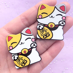 Lucky Cat Acrylic Cabochons | Maneki Neko Embellishments | Japanese Culture Beckoning Cat Decor (2 pcs / 31mm x 40mm)