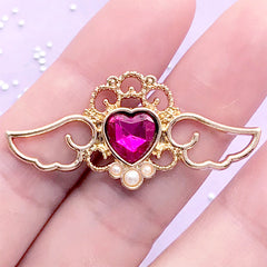 Magical Angel Wing Open Bezel with Heart Rhinestone | Kawaii Deco Frame for UV Resin Filling (1 piece / Dark Pink & Gold / 41mm x 19mm)