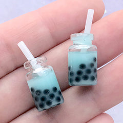 Miniature Pearl Milk Tea | Boba Tea Cabochon | 3D Dollhouse Tapioca Tea | Doll House Food Cabochon | Kawaii Jewellery Supplies (2 pcs / Blue / 10mm x 18mm)