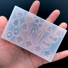 Small Christmas Embellishment Silicone Mold for Resin Art (18 Cavity) | Snowflake Peppermint Candy Cane Jingle Bell Angel Star Tree Wreath Ribbon Mould