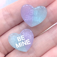 Be Mine Heart Candy Cabochon with Glitter | Faux Conversation Sweethearts | Decoden DIY | Kawaii Jewellery Making (3 pcs / Blue Purple / 19mm x 16mm)