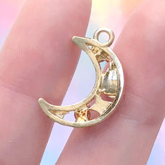 Crescent Moon Charm with Rhinestones | Sparkle Moon Pendant | Mahou Kei Jewellery DIY (1 piece / Gold / 14mm x 21mm)