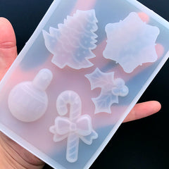 Assorted Christmas Ornament Silicone Mold for Resin Art (5 Cavity) | Peppermint Candy Cane Holly and the Ivy Christmas Tree Snowflake Mould