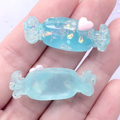 Candy Resin Cabochon with Iridescent Glitter Flakes | Kawaii Decoden Supplies | Faux Sweets Jewelry DIY (2 pcs / Blue / 15mm x 37mm)