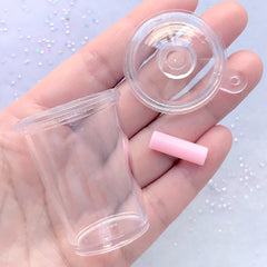 Miniature Boba Tea Cup | Dollhouse Frappuccino Cup | Kawaii Doll Food Accessory Making (1 Set / Tall, Dome Lid and Pink Straw)