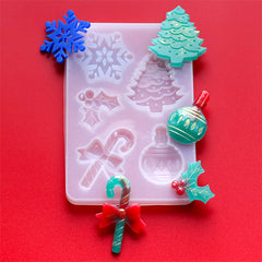 Assorted Christmas Ornament Silicone Mold for Resin Art (5 Cavity) | Peppermint Candy Cane Holly and the Ivy Christmas Tree Snowflake Mould