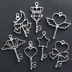 Magical Girl Wand Open Bezel Pendant | Magic Key Charm for for UV Resin Filling | Kawaii Mahou Kei Jewellery DIY (7 pcs / Silver)