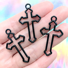 Gothic Cross Open Bezel Charm | Kawaii Goth Pendant | Halloween Jewellery Making | Passion Cross Charm (3 pcs / Black / 21mm x 38mm)