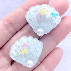 Seashell Resin Cabochon with Glitter | Marine Life Cabochons | Phone Case Decoden | Kawaii Craft Supplies (2 pcs / Light Blue / 27mm x 25mm)