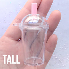Miniature Boba Tea Cup | Dollhouse Frappuccino Cup | Kawaii Doll Food Accessory Making (1 Set / Tall, Dome Lid and Pink Straw)