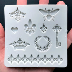 Fleur de Lis Crown Wheat Wreath Skeleton Key Insect Heart Silicone Mold (9 Cavity) | Victorian Ornament Mould | Royal Embellishment Making