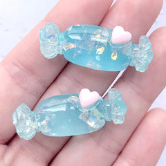 Candy Resin Cabochon with Iridescent Glitter Flakes | Kawaii Decoden Supplies | Faux Sweets Jewelry DIY (2 pcs / Blue / 15mm x 37mm)