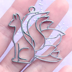 Fantasy Creature Open Bezel Pendant | Nine Tailed Fox Charm | 9 Tails Fox Deco Frame for UV Resin Filling (1 piece / Silver / 45mm x 44mm)