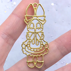 Kawaii Bunny in Lolita Maid Dress Open Bezel Charm | Cute Rabbit Open Frame Pendant for UV Resin Filling (1 piece / Gold / 21mm x 50mm)