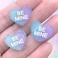Be Mine Heart Candy Cabochon with Glitter | Faux Conversation Sweethearts | Decoden DIY | Kawaii Jewellery Making (3 pcs / Blue Purple / 19mm x 16mm)