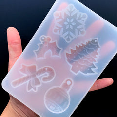 Assorted Christmas Ornament Silicone Mold for Resin Art (5 Cavity) | Peppermint Candy Cane Holly and the Ivy Christmas Tree Snowflake Mould