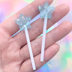 Star Lollipop Candy Cabochon | Faux Sticky Pop | Fake Food Embellishment | Kawaii Craft Supplies (2 pcs / Blue / 19mm x 60mm)