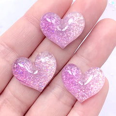 Glittery Heart Cabochons | Kawaii Cabochon with Glitter | Decoden Phone Case DIY (Purple / 3 pcs / 20mm x 18mm)