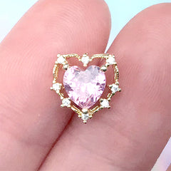Heart Rhinestones Nail Charm | Kawaii Embellishment for Mahou Kei Jewelry DIY (1 piece / Gold and Pink / 10mm x 10mm)